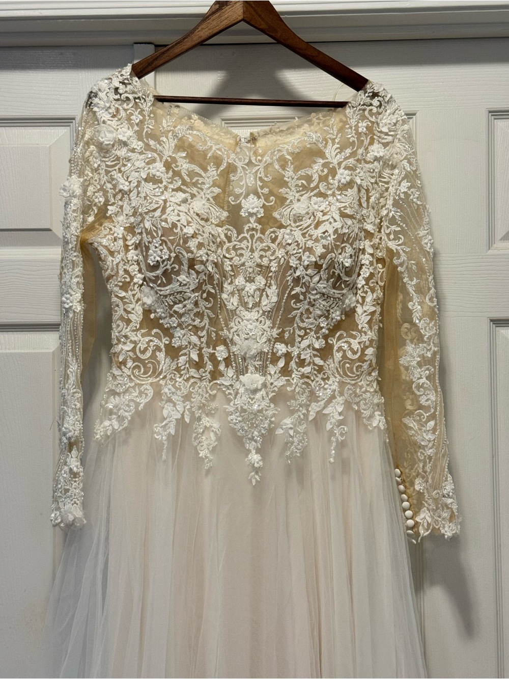 Ivory Lace Appliqué Long Sleeve Tulle Gown